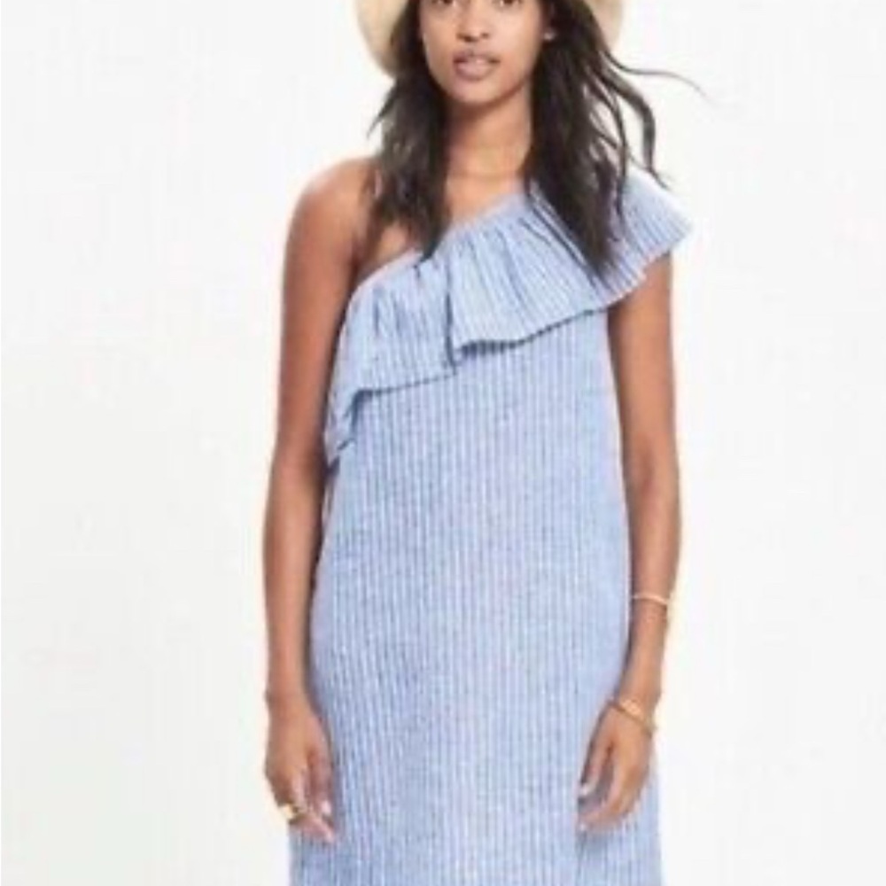 Madewell Blue and White One-Shoulder Sundress